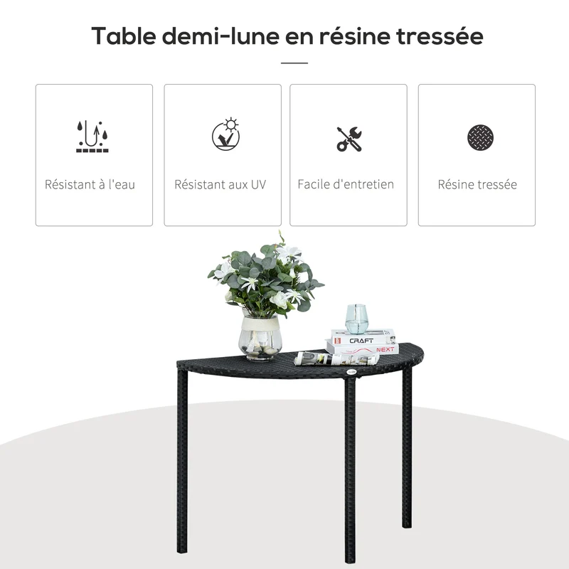 Table de jardin demi-lune balcon 100 x 50 x 74 cm gain de place assise 3 personnes tendance contemporain en résine noir 21_0006040