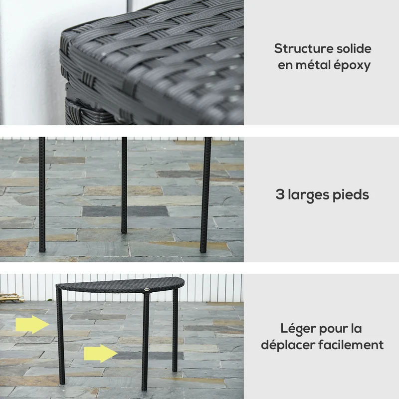 Table de jardin demi-lune balcon 100 x 50 x 74 cm gain de place assise 3 personnes tendance contemporain en résine noir 21_0006040