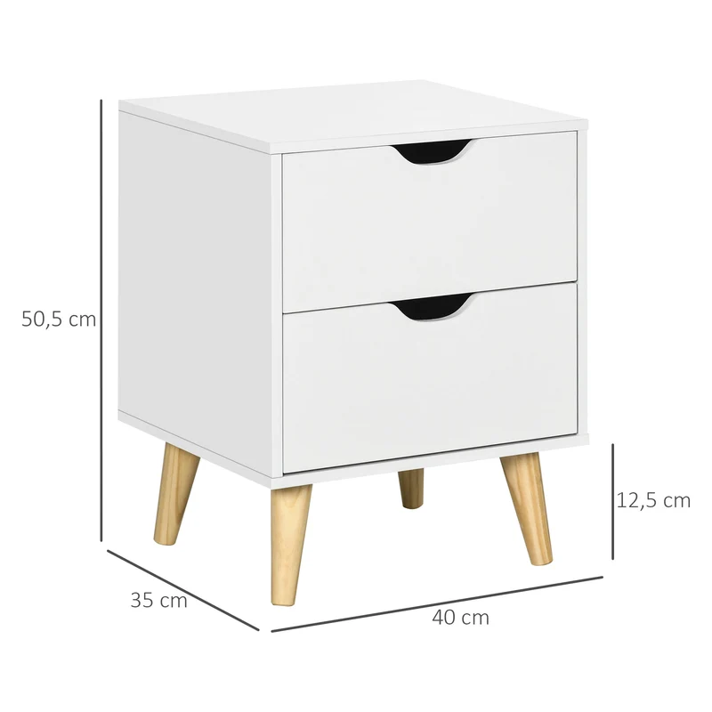 Table de chevet scandinave compacte 40 x 35 x 50,5 cm 2 tiroirs rangement pratique pieds compas minimaliste en MDF blanc 21_0001525