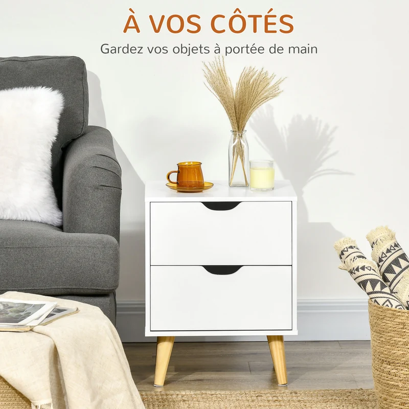 Table de chevet scandinave compacte 40 x 35 x 50,5 cm 2 tiroirs rangement pratique pieds compas minimaliste en MDF blanc 21_0001525