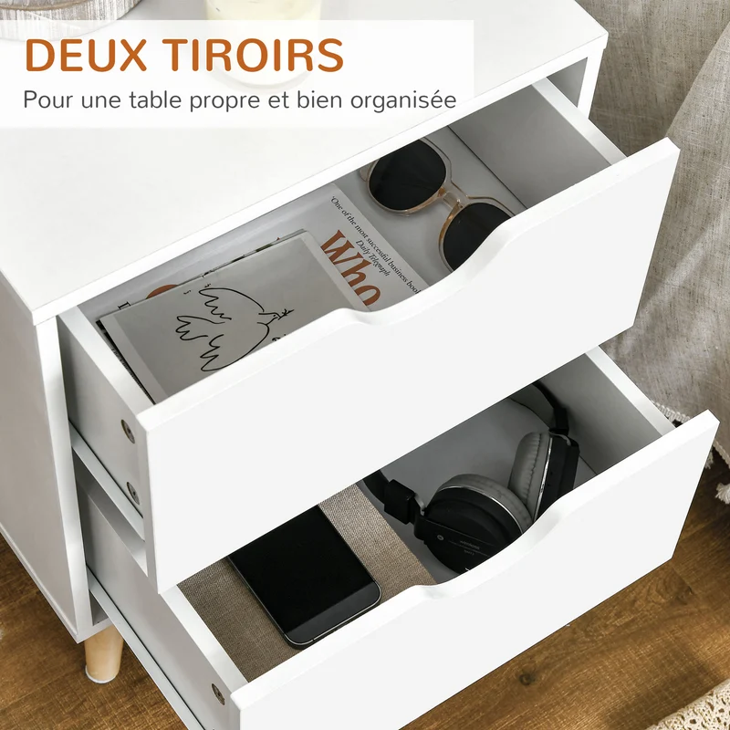 Table de chevet scandinave compacte 40 x 35 x 50,5 cm 2 tiroirs rangement pratique pieds compas minimaliste en MDF blanc 21_0001525