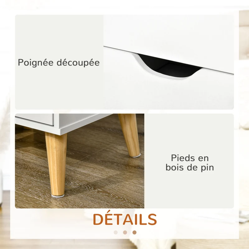 Table de chevet scandinave compacte 40 x 35 x 50,5 cm 2 tiroirs rangement pratique pieds compas minimaliste en MDF blanc 21_0001525