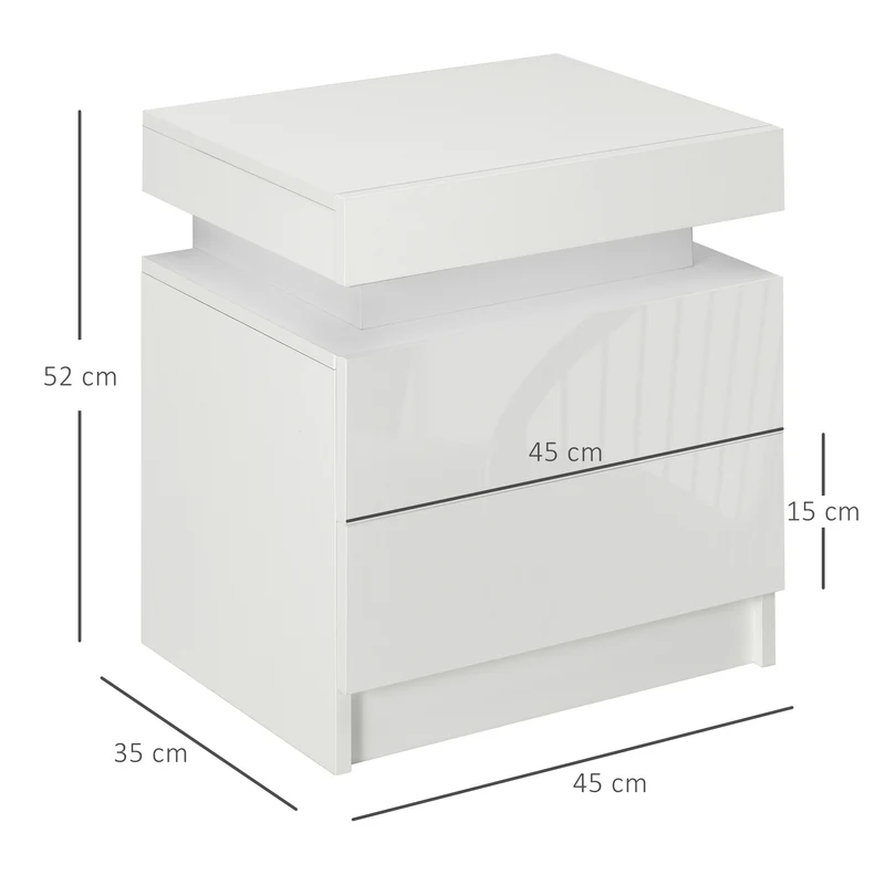 Table de chevet chambre 45 x 35 x 52 cm 2 tiroirs éclairage led réglable style moderne en panneau de particules blanc 21_0001561