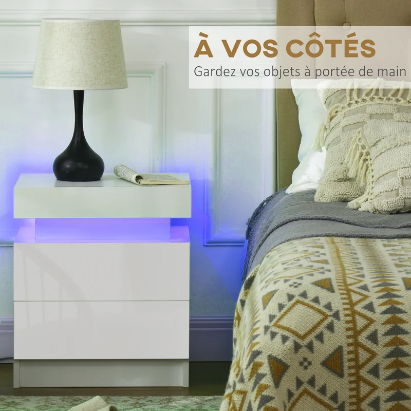 Table de chevet chambre 45 x 35 x 52 cm 2 tiroirs éclairage led réglable style moderne en panneau de particules blanc 21_0001561