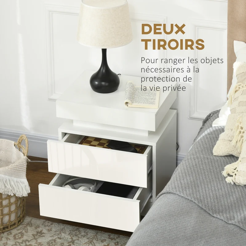 Table de chevet chambre 45 x 35 x 52 cm 2 tiroirs éclairage led réglable style moderne en panneau de particules blanc 21_0001561