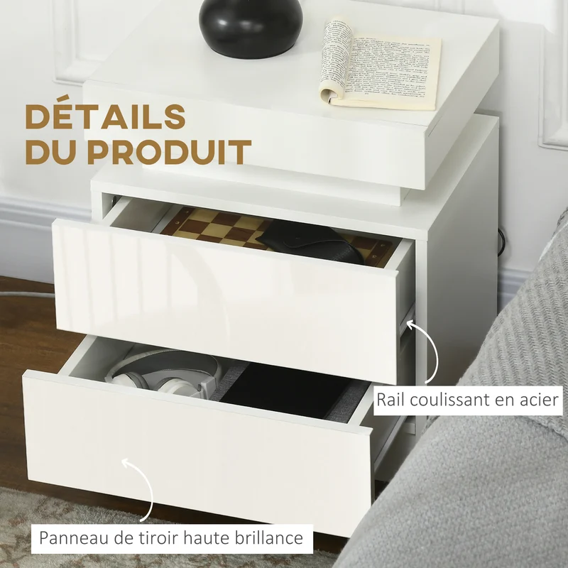 Table de chevet chambre 45 x 35 x 52 cm 2 tiroirs éclairage led réglable style moderne en panneau de particules blanc 21_0001561