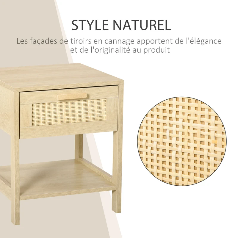Table de chevet carrée 40 x 40 x 48 cm tiroir étagère rangements élégants style scandinave cosy en MDF bois naturel clair 21_0001468