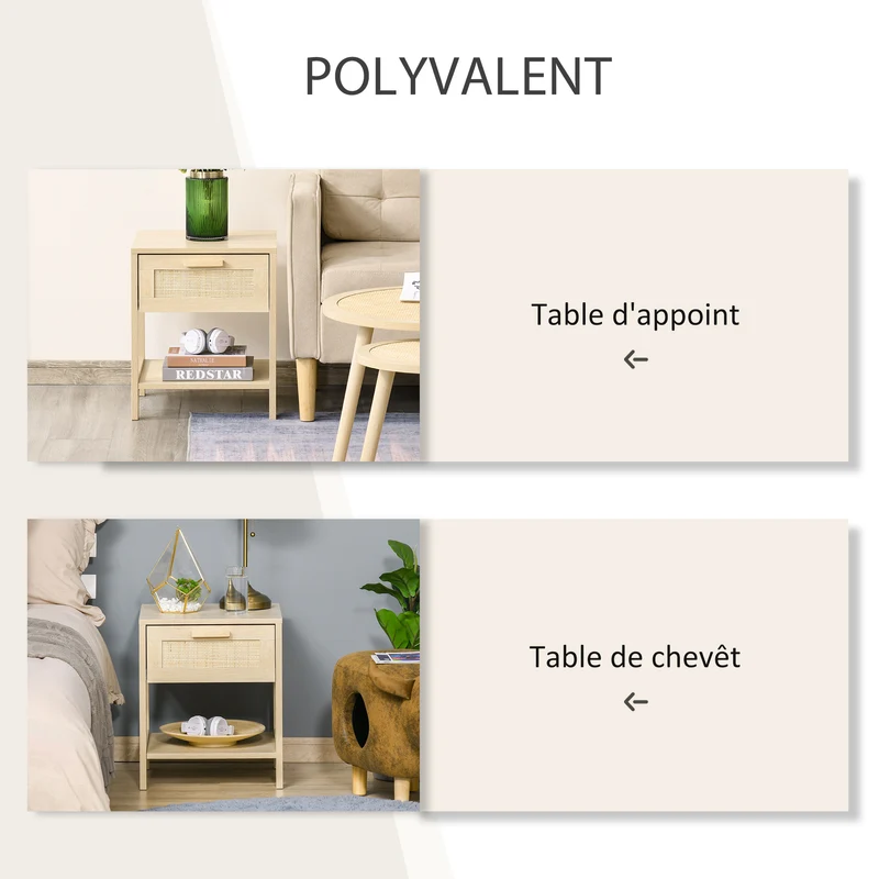 Table de chevet carrée 40 x 40 x 48 cm tiroir étagère rangements élégants style scandinave cosy en MDF bois naturel clair 21_0001468