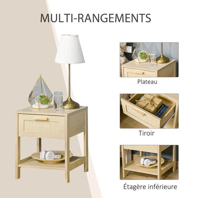 Table de chevet carrée 40 x 40 x 48 cm tiroir étagère rangements élégants style scandinave cosy en MDF bois naturel clair 21_0001468