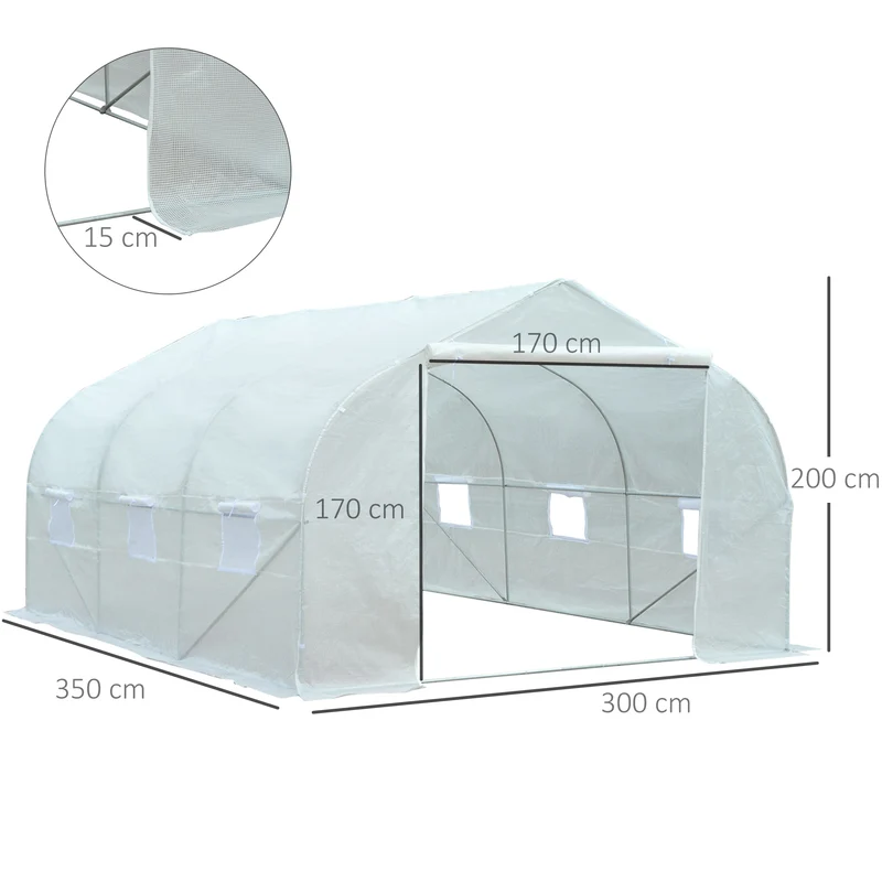 Serre tunnel de jardin 350 x 300 x 200 cm protection anti uv 6 fenêtres enroulables moderne épuré en polyéthylène blanc 21_0004053