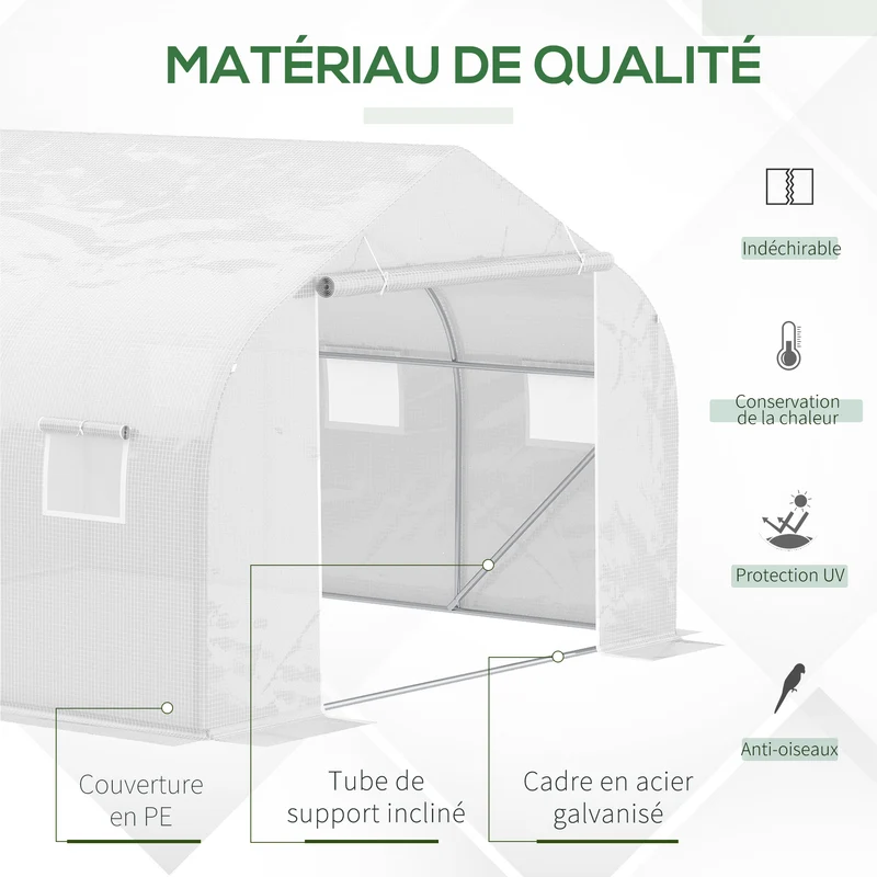 Serre tunnel de jardin 350 x 300 x 200 cm protection anti uv 6 fenêtres enroulables moderne épuré en polyéthylène blanc 21_0004053