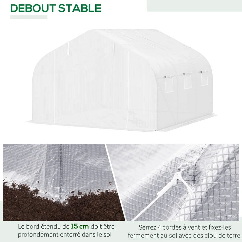 Serre tunnel de jardin 350 x 300 x 200 cm protection anti uv 6 fenêtres enroulables moderne épuré en polyéthylène blanc 21_0004053