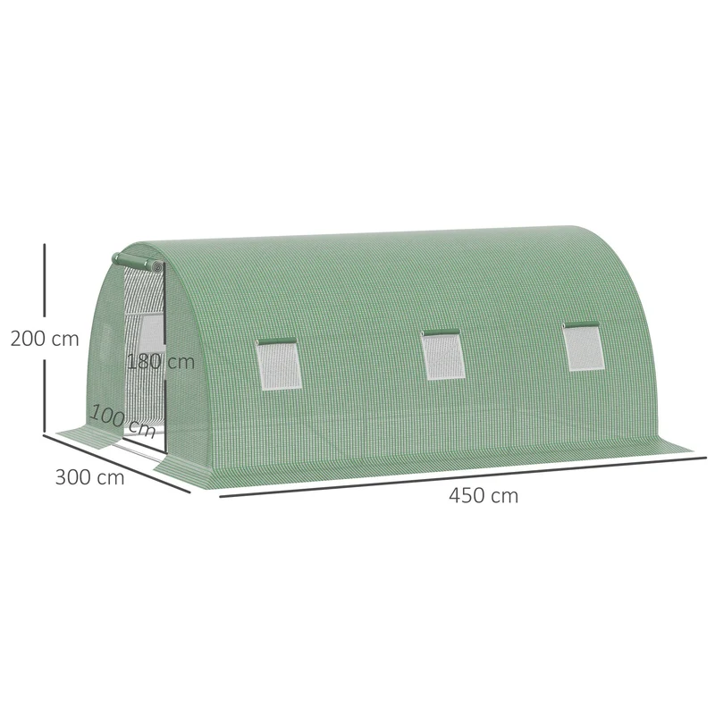 Serre de jardin tunnel 450 x 300 x 200 cm protection anti-uv porte enroulable contemporain pratique en polyéthylène vert 21_0004247