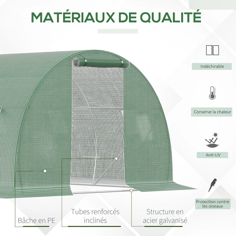 Serre de jardin tunnel 450 x 300 x 200 cm protection anti-uv porte enroulable contemporain pratique en polyéthylène vert 21_0004247