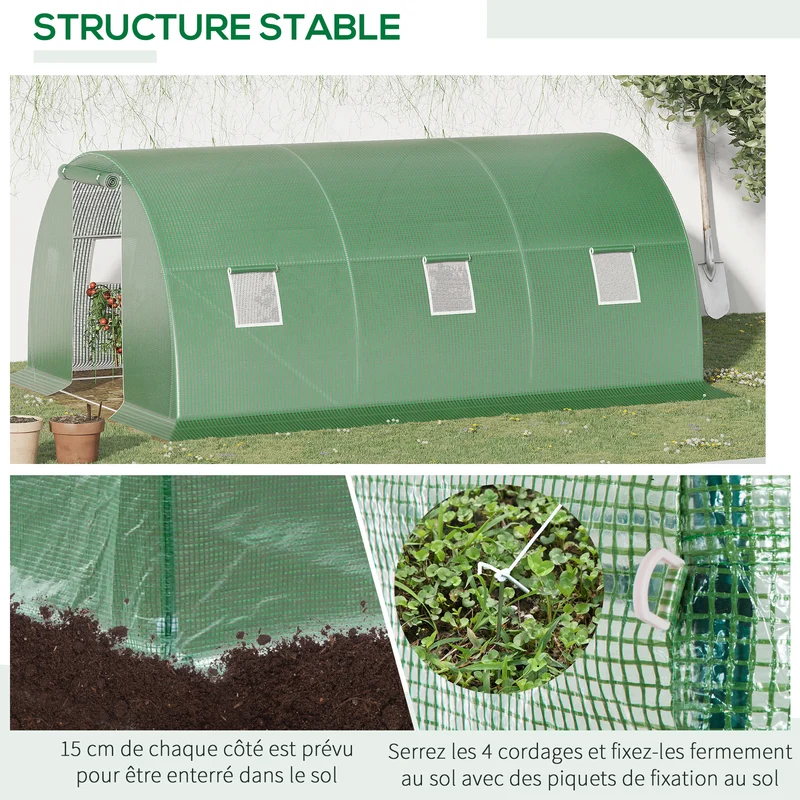 Serre de jardin tunnel 450 x 300 x 200 cm protection anti-uv porte enroulable contemporain pratique en polyéthylène vert 21_0004247