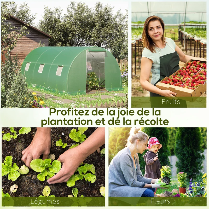 Serre de jardin tunnel 450 x 300 x 200 cm protection anti-uv porte enroulable contemporain pratique en polyéthylène vert 21_0004247