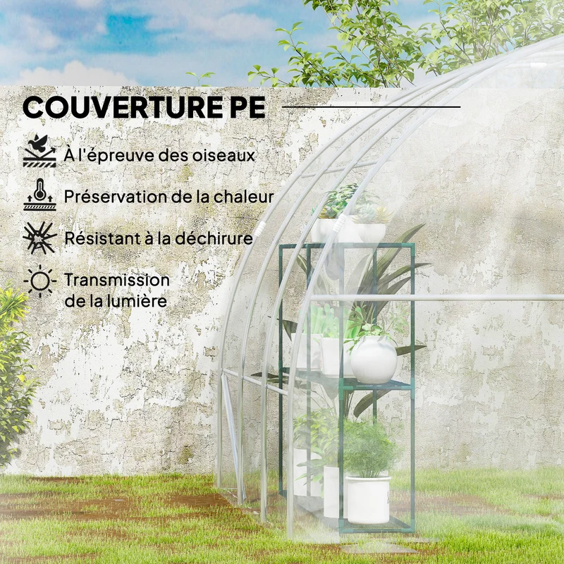 Serre de jardin tunnel 3 x 3 x 2 m anti-uv châssis galvanisé style moderne ancrage au sol en polyéthylène transparent 21_0005404