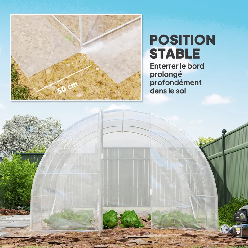 Serre de jardin tunnel 3 x 3 x 2 m anti-uv châssis galvanisé style moderne ancrage au sol en polyéthylène transparent 21_0005404