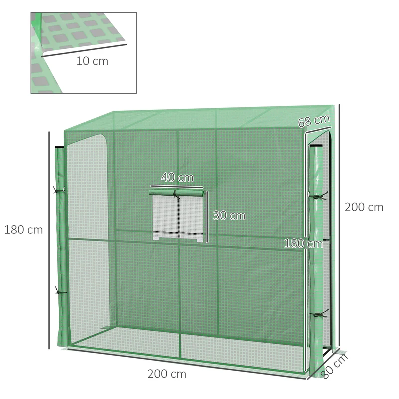 Serre de jardin adossée 200 x 80 x 200 cm protection froid portes zippées compacte stable moderne en polyéthylène vert 21_0004343