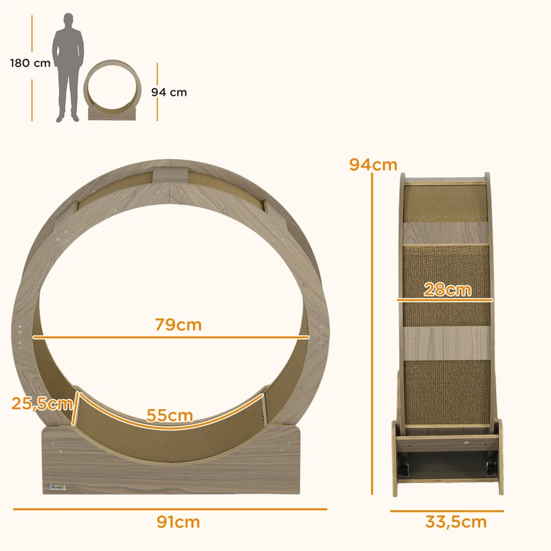Roue d'exercice pour chat 91 x 33,5 x 94 cm frein sûr tapis à griffer amovible scandinave en bois d'ingénierie marron 21_0007714