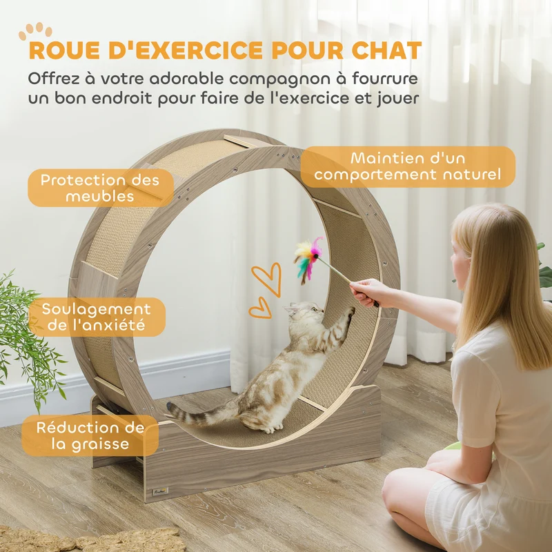 Roue d'exercice pour chat 91 x 33,5 x 94 cm frein sûr tapis à griffer amovible scandinave en bois d'ingénierie marron 21_0007714