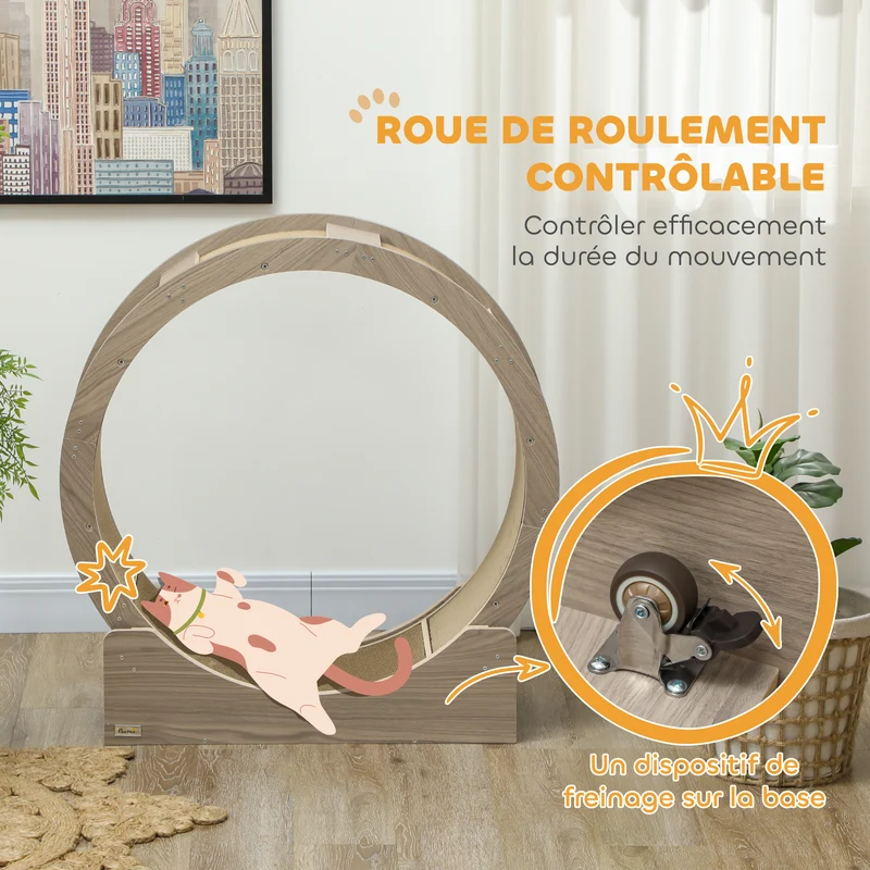 Roue d'exercice pour chat 91 x 33,5 x 94 cm frein sûr tapis à griffer amovible scandinave en bois d'ingénierie marron 21_0007714