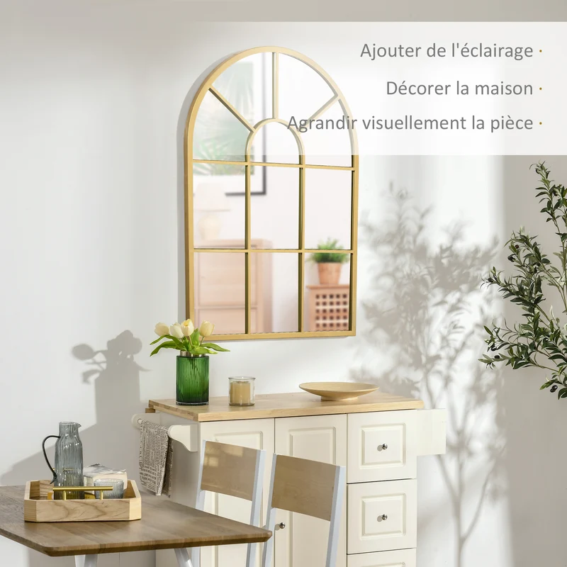Miroir mural forme arcade 70 x 50 x 2 cm à fixer ou poser éclairant agrandissant verrière contemporain en métal doré 21_0001253