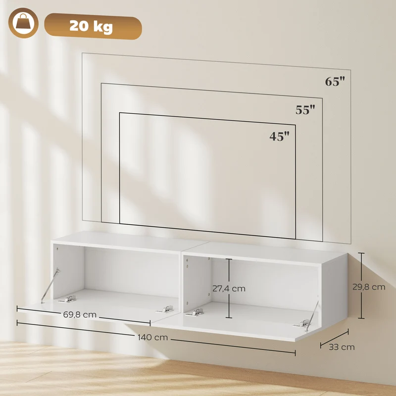 Meuble télé suspendu salon 140 x 33 x 29.8 cm rangement 2 placards pratique moderne épuré en panneau de particules blanc 21_0003514