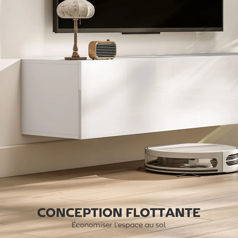 Meuble télé suspendu salon 140 x 33 x 29.8 cm rangement 2 placards pratique moderne épuré en panneau de particules blanc 21_0003514