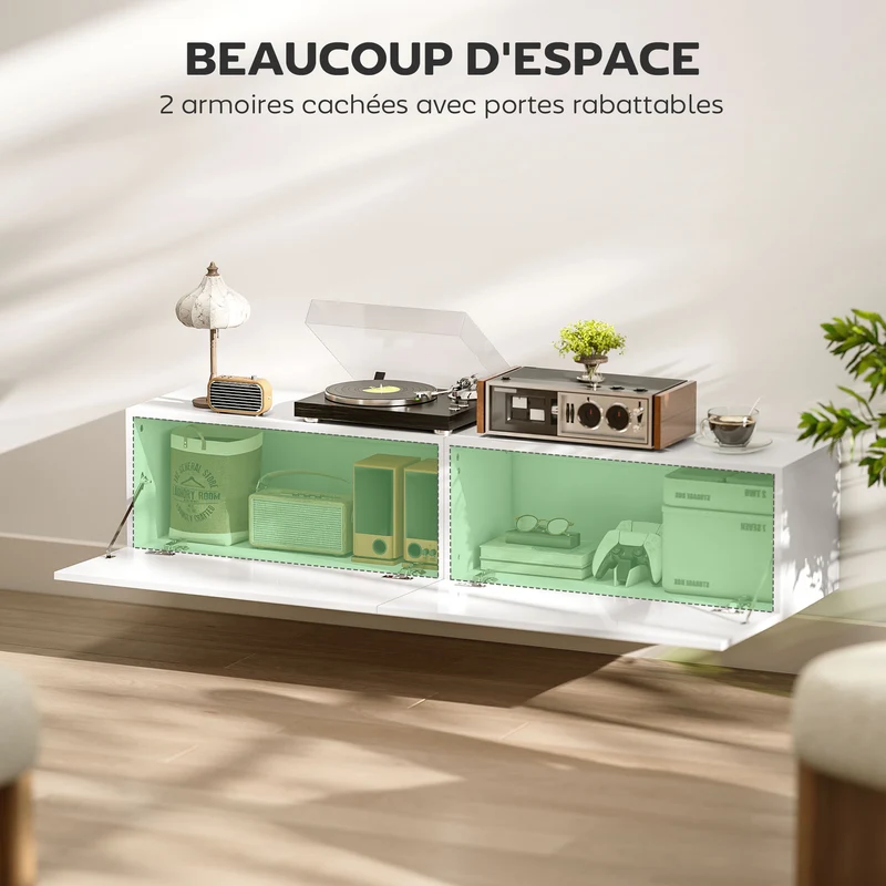 Meuble télé suspendu salon 140 x 33 x 29.8 cm rangement 2 placards pratique moderne épuré en panneau de particules blanc 21_0003514