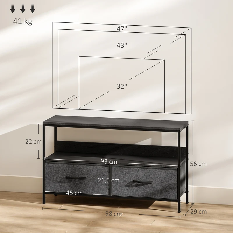Meuble télé bas sur pieds 98 x 29 x 56 cm rangement 2 tiroirs et étagère style industriel contemporain en MDF gris foncé 21_0003023