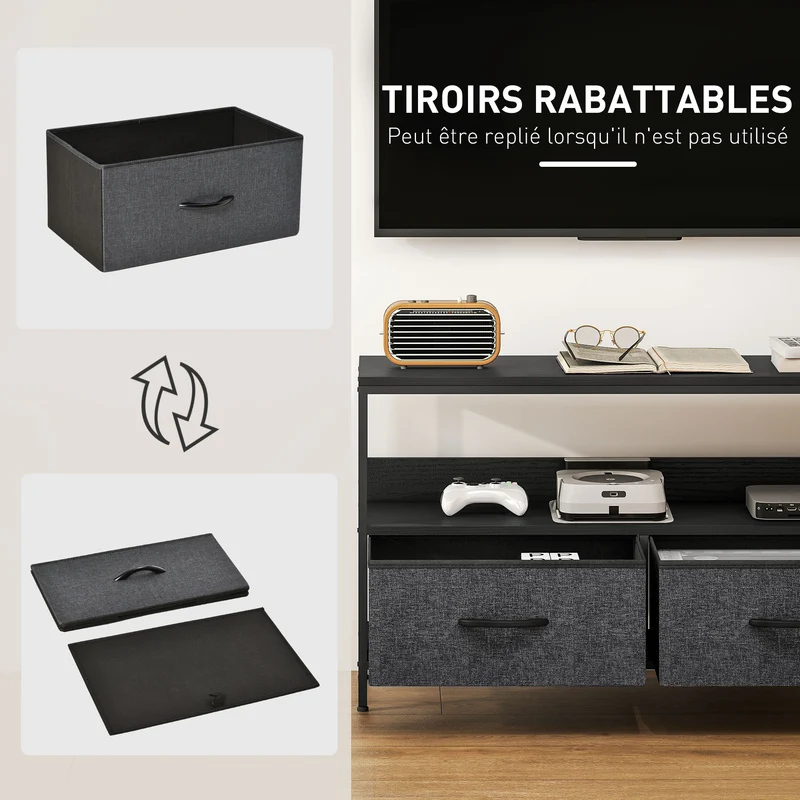 Meuble télé bas sur pieds 98 x 29 x 56 cm rangement 2 tiroirs et étagère style industriel contemporain en MDF gris foncé 21_0003023