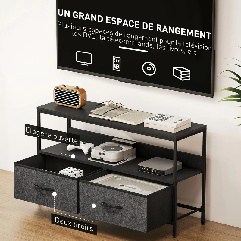 Meuble télé bas sur pieds 98 x 29 x 56 cm rangement 2 tiroirs et étagère style industriel contemporain en MDF gris foncé 21_0003023