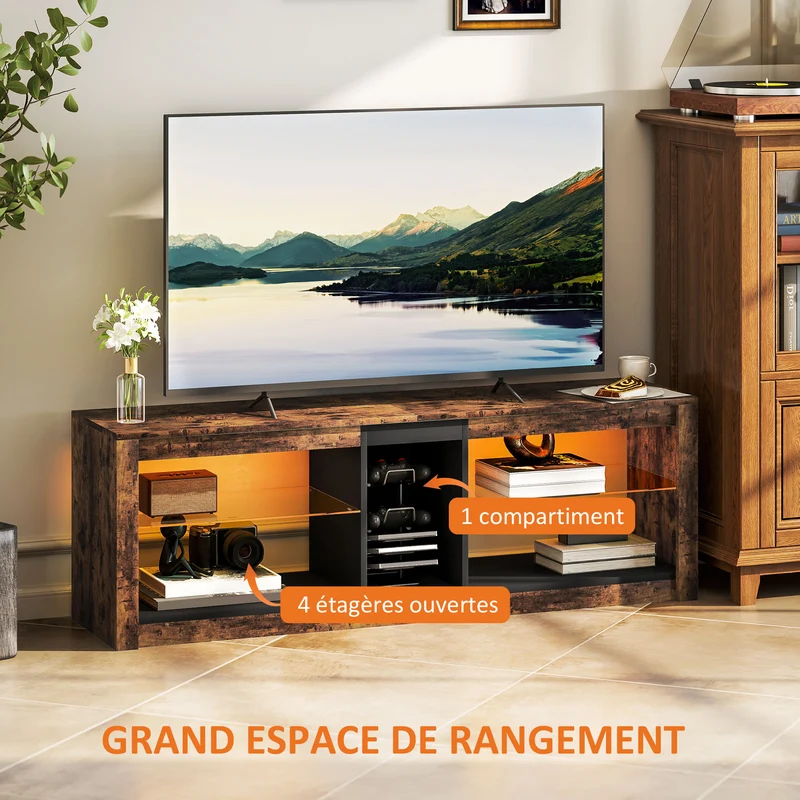 Meuble tv pour salon 140 x 35 x 47 cm éclairage led réglable pratique moderne contemporain en panneau de particules brun 21_0003461