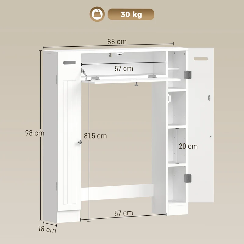 Meuble au-dessus de toilettes 88 x 18 x 98 cm étagères réglables tiroir porte-papier moderne épuré sécurisé en MDF blanc 21_0002146