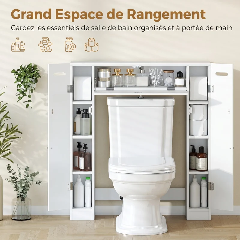 Meuble au-dessus de toilettes 88 x 18 x 98 cm étagères réglables tiroir porte-papier moderne épuré sécurisé en MDF blanc 21_0002146