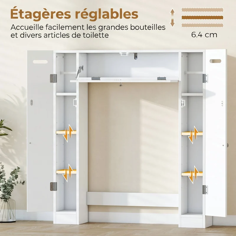 Meuble au-dessus de toilettes 88 x 18 x 98 cm étagères réglables tiroir porte-papier moderne épuré sécurisé en MDF blanc 21_0002146