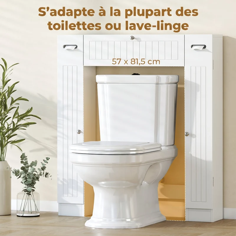Meuble au-dessus de toilettes 88 x 18 x 98 cm étagères réglables tiroir porte-papier moderne épuré sécurisé en MDF blanc 21_0002146