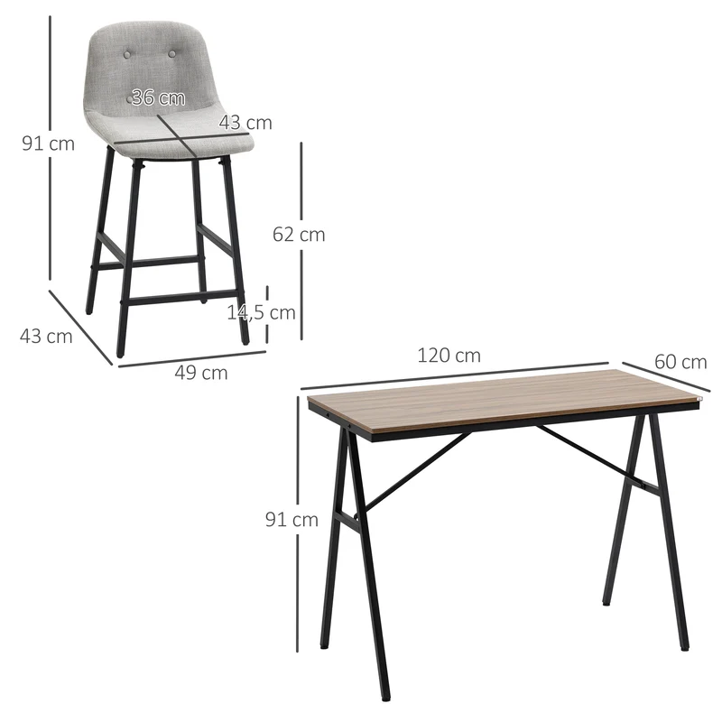 Lot de 5 ensemble table de bar avec tabourets 120 x 60 x 91 cm assise rembourrée confort industriel en acier gris clair 21_0002326