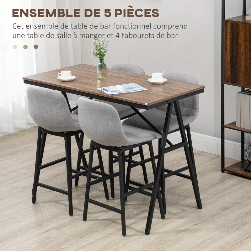 Lot de 5 ensemble table de bar avec tabourets 120 x 60 x 91 cm assise rembourrée confort industriel en acier gris clair 21_0002326