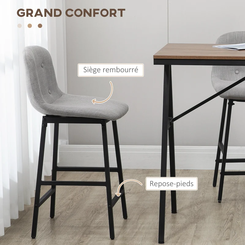 Lot de 5 ensemble table de bar avec tabourets 120 x 60 x 91 cm assise rembourrée confort industriel en acier gris clair 21_0002326