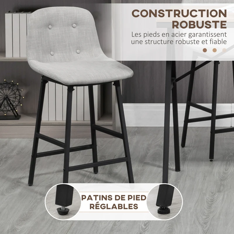 Lot de 5 ensemble table de bar avec tabourets 120 x 60 x 91 cm assise rembourrée confort industriel en acier gris clair 21_0002326