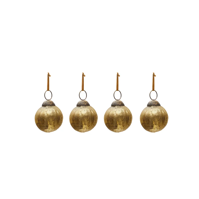 Elur set of 4 small Christmas baubles made of gold recycled glass, Ø 6 cm