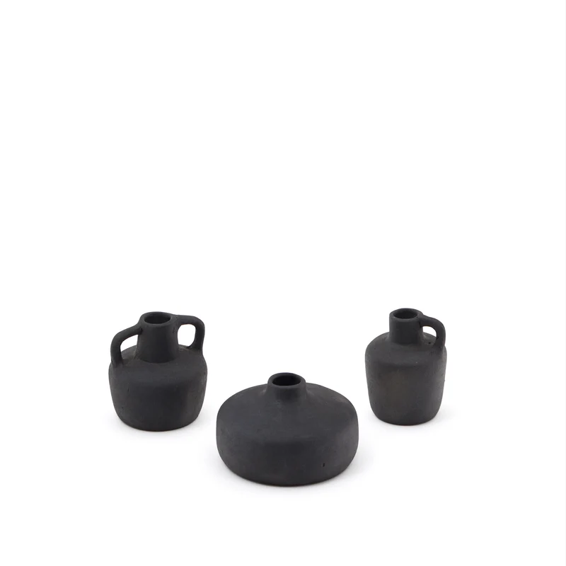 Sofra set of 3 terracotta vases in a black finish, 6 cm / 7 cm / 10 cm