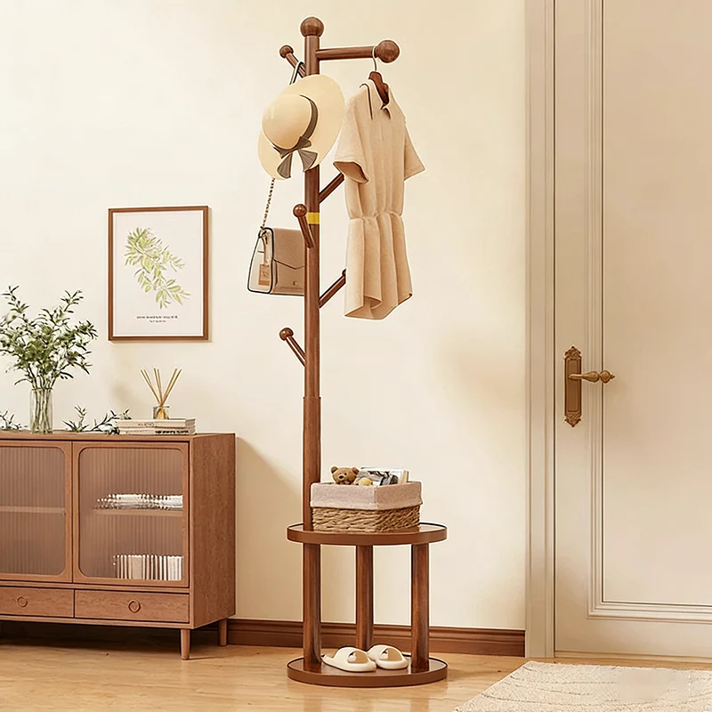 Modern Minimalist Cylindrical Tree Branch Pine Wood Medium Density Fiberboard Movable Hall Tree 2-Tier For Bedroom & Entryways