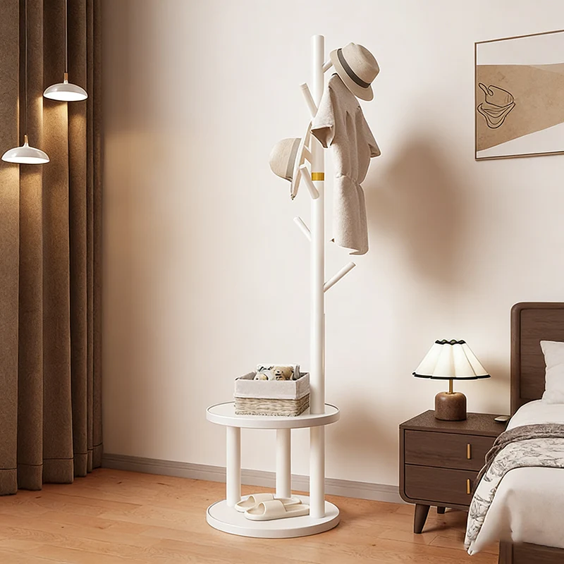 Modern Minimalist Cylindrical Tree Branch Pine Wood Medium Density Fiberboard Movable Hall Tree 2-Tier For Bedroom & Entryways