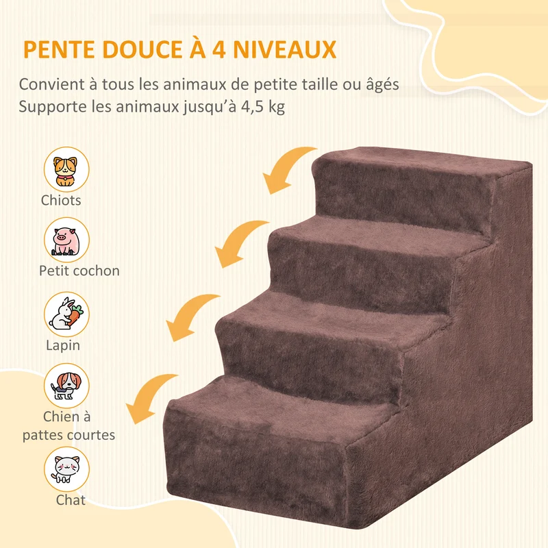 Escalier 4 marches pour animaux aide montée canapé 60 x 35 x 44 cm antidérapant moderne en panneau de particules marron 21_0007407