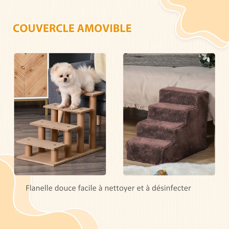 Escalier 4 marches pour animaux aide montée canapé 60 x 35 x 44 cm antidérapant moderne en panneau de particules marron 21_0007407