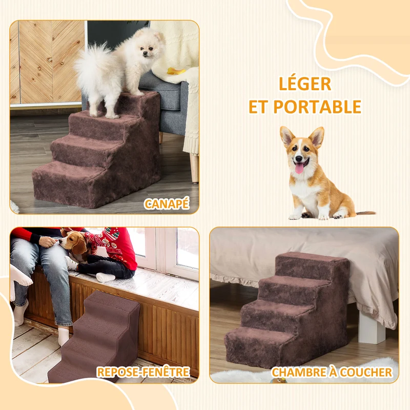 Escalier 4 marches pour animaux aide montée canapé 60 x 35 x 44 cm antidérapant moderne en panneau de particules marron 21_0007407