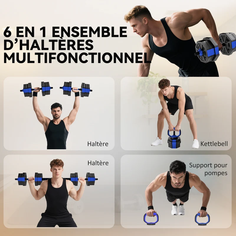Ensemble d'haltères 6 en 1 musculation 100 x 18 x 18 cm réglable poignées antidérapantes design moderne en PVC bleu 21_0006877